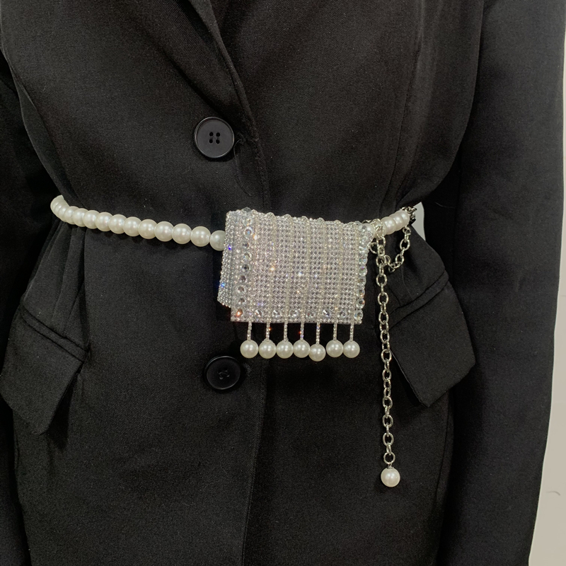 包包2022新款韩版珍珠链条流苏水钻腰链腰包女胸包网红ins腰带包