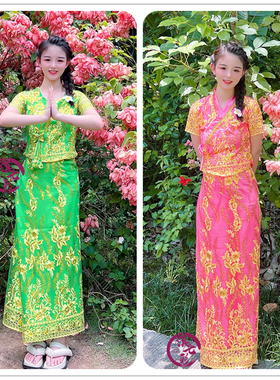 精品短袖蕾丝傣 泰国傣女装 蕾丝面料傣族女装 新款傣族长裙服饰