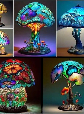 跨境七彩蘑菇台灯装饰品设计家居树脂工艺蘑菇灯家居庭院设计摆件