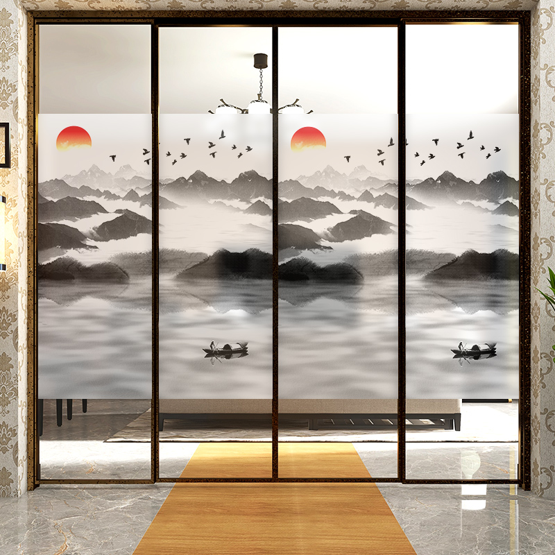 新中式厨房玻璃贴纸书房客厅中国风推拉门贴膜透光静电磨砂贴装饰