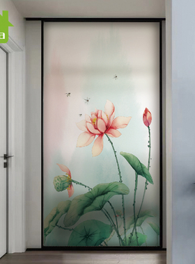 新中式荷花磨砂玻璃贴膜客厅厨房推拉门贴画卫生间窗户贴纸防走光