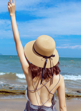 草帽女新款海边沙滩帽子女夏百搭时尚洋气太阳帽大帽檐防晒遮阳帽