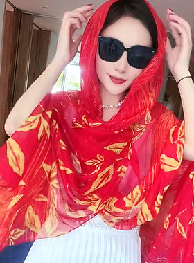 夏季海边防嗮纱巾女长款旅游拍照时尚薄款沙滩巾披肩韩版网红丝巾