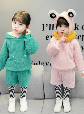 女童冬装加绒加厚套装韩版洋气儿童青蛙毛毛衣两件套小童装2-3岁1