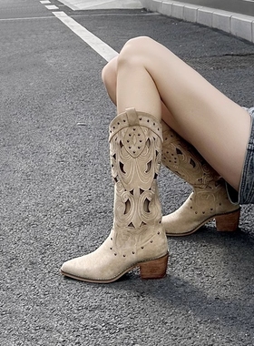 西部牛仔靴2024女秋季新款镂空粗跟复古风磨砂刺绣中筒靴透气靴子