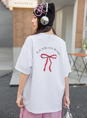 初中高中学生T恤夏季时尚女孩宽松短袖上衣大童新款韩版蝴蝶结潮