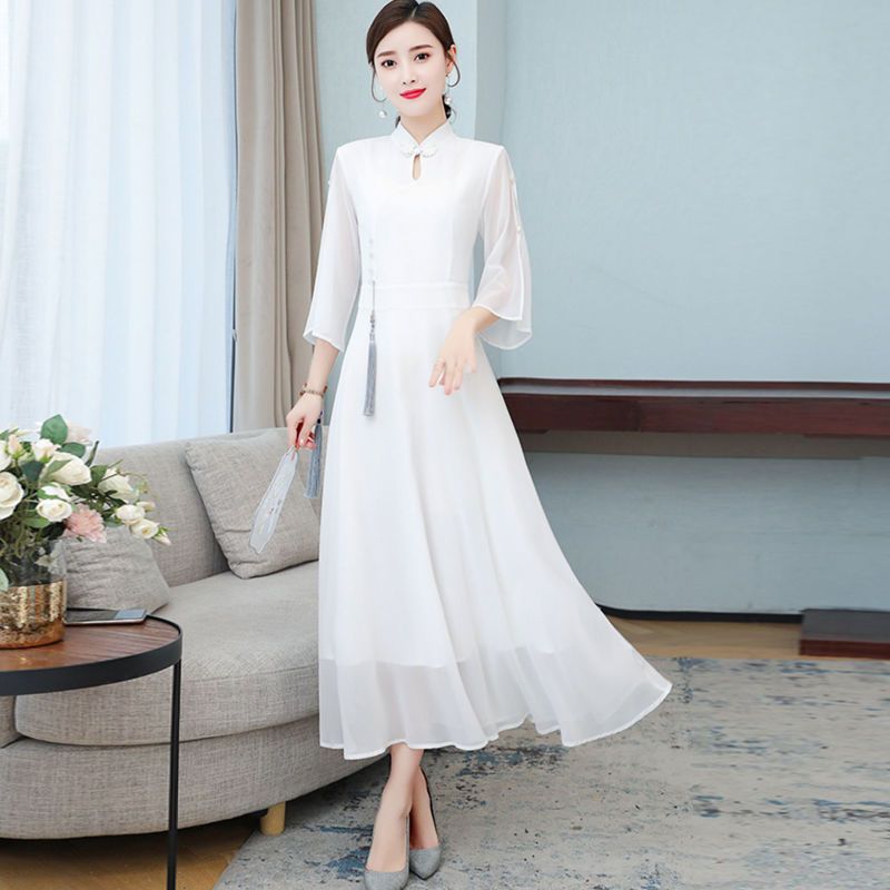 新中式旗袍改良版雪纺连衣裙中国风女装春夏禅意茶服仙气白色长裙