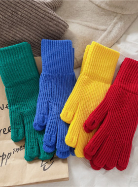 毛线纯色针织手套学生可爱韩国女保暖可触屏露二指分指骑车冬季