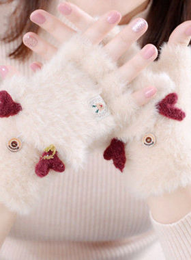 手套女冬天加厚保暖半指可爱韩版百搭卡通潮ins加绒学生网红手套