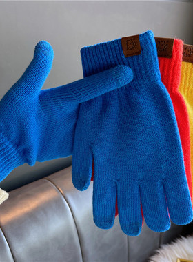 秋冬季男女克莱因蓝毛线手套针织纯色可触屏骑行防寒学生保暖加厚