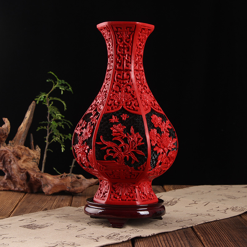 品北京传统漆器 十寸漆雕花瓶家具装饰雕漆工艺品摆件文化纪念促