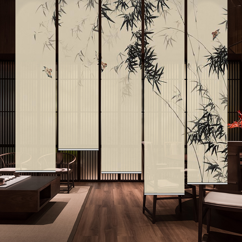 新中式茶室玄关帘屏风软隔断装饰客厅半透明遮光卷帘窗帘水墨竹子