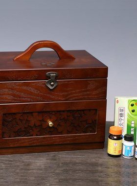 复古木质手提医药箱家用大号急救箱木制医疗箱家庭药品药物收纳盒