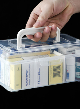 便携式双层药物整理盒 家用透明紧急医药箱 小型手提医护箱收纳盒