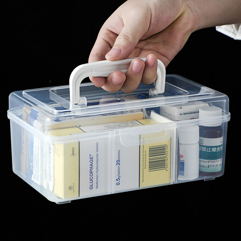 便携式双层药物整理盒 家用透明紧急医药箱 小型手提医护箱收纳盒