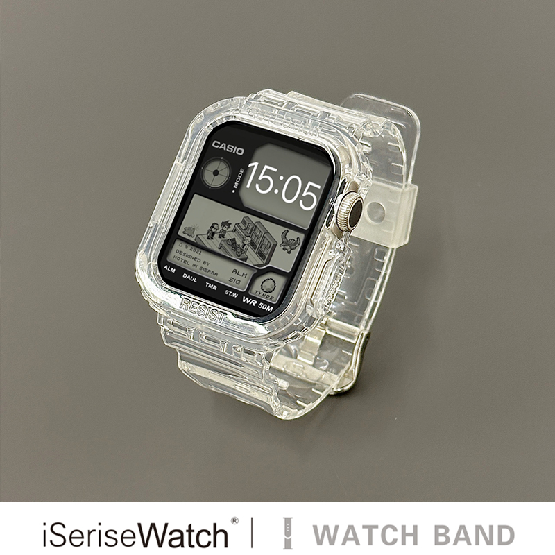 iserisewatch适用iwatch9代表带apple watch8/7苹果手表se一体表带冰川透明41mm45mm多彩创意个性tpu表带运动