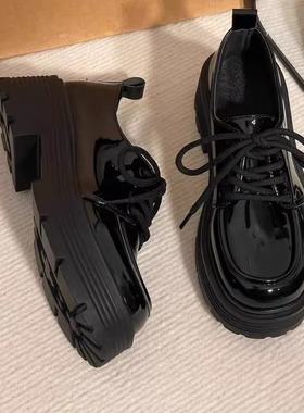 黑色厚底系带皮鞋女英伦风2024新款小个子复古百搭增高日系jk鞋子