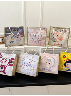 日韩女手提包潮流卡通文艺手拎零食袋小饭盒便当包原创简约麻布包