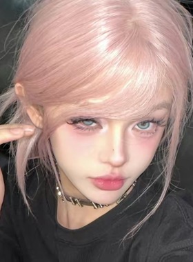 小圆-【五金pink】假发女小额蕾丝粉色系酷飒长直发仿真整顶假发