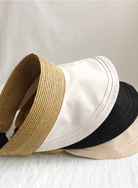 夏季空顶帽子女棉麻防晒帽透气大沿遮阳帽细草编户外太阳帽可折叠