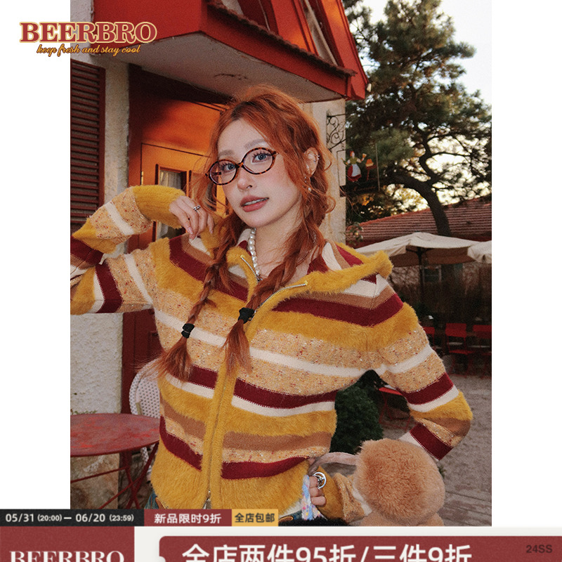 BeerBro 美式复古短款条纹毛衣外套女2023秋冬软糯慵懒风针织开衫