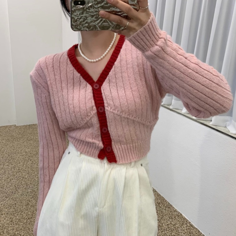 韩国chic秋冬设计感小众撞色包边垫肩v领针织开衫短款毛衣外套女