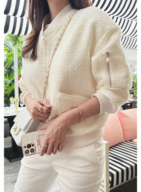 韩国chic秋冬法式小众立领纯色口袋设计宽松长袖粗花呢短外套女