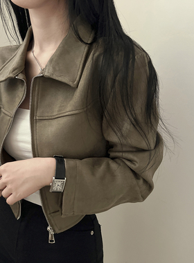 韩国chic春季法式复古简约纯色显瘦百搭拉链翻领麂皮绒夹克短外套