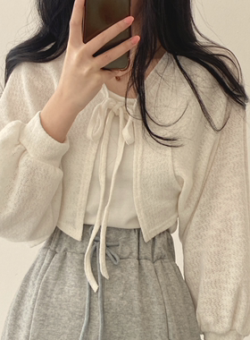 韩国chic夏季小众复古百搭设计感绑带灯笼袖短款薄款开衫外套女