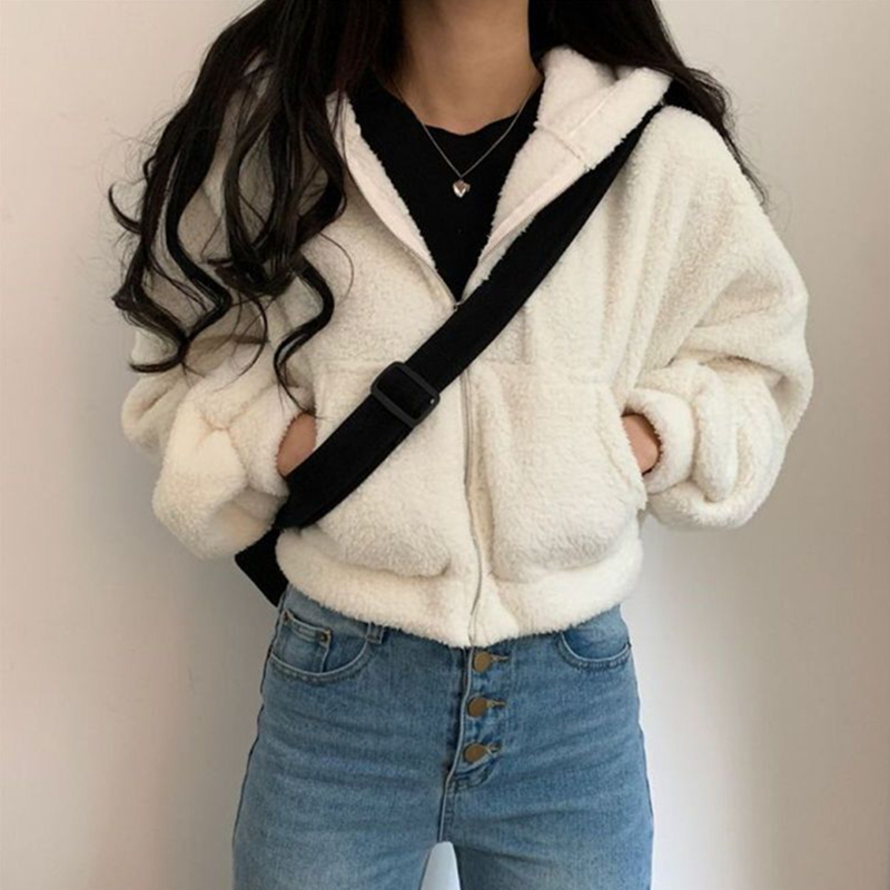 2024新款冬季韩版短款羊羔绒保暖拉链外套女加厚加绒开衫学生上衣