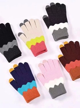 新款手套女款冬天可触屏玩手机可爱五指手套保暖防寒针织手套现货