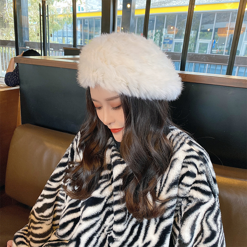 兔毛贝雷帽子女时尚潮百搭韩版秋冬季保暖发带甜美可爱针织毛线帽