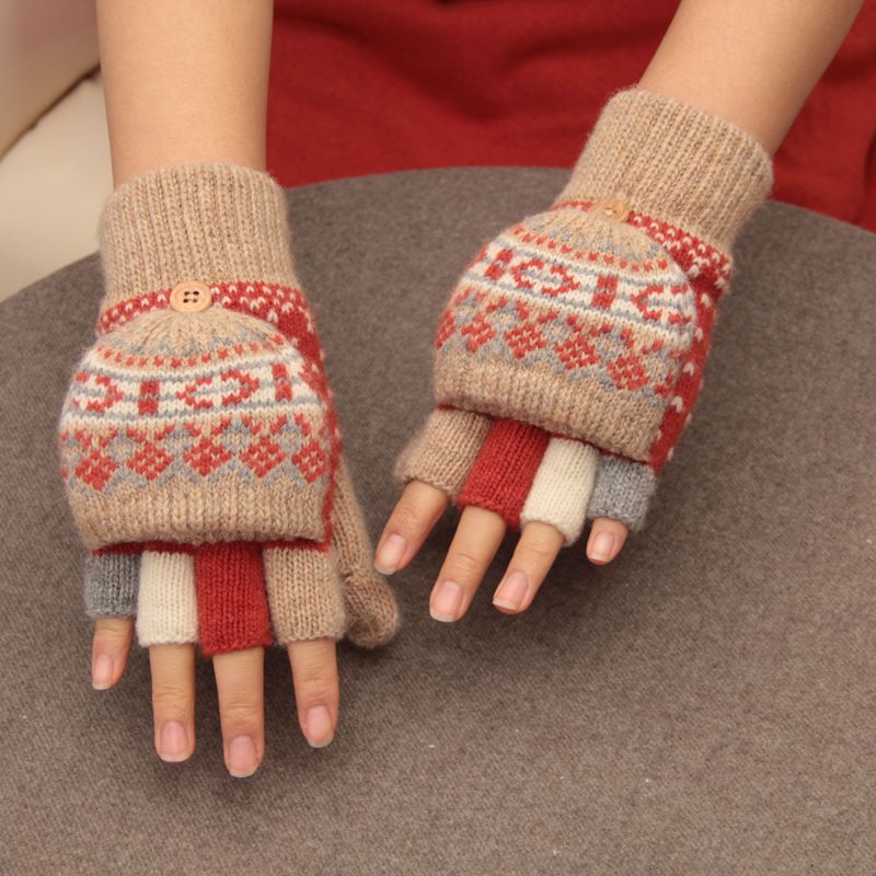 日系翻盖两用羊毛加绒加厚保暖手套冬季男女情侣学生写字露指防寒