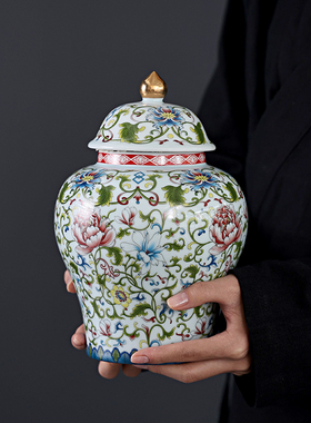 珐琅彩将军陶瓷茶叶罐大号半斤装密封罐礼盒装茶罐茶叶包装储存罐