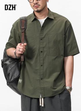 男士军绿色衬衫男短袖美式工装休闲衬衣夏季男装2024新款外套寸衫