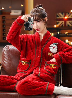 睡衣女款冬季法兰绒保暖红色圣诞家居服珊瑚绒加厚可外穿长袖套装