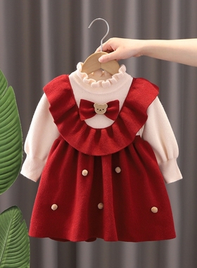 女童针织连衣裙秋冬洋气裙子红色礼服公主裙女宝宝周岁圣诞裙童装