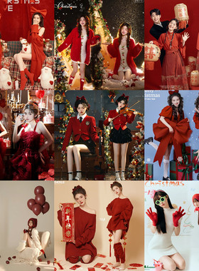 24新年影楼冬款圣诞主题少女写真服装红色毛衣摄影服饰个人拍照相