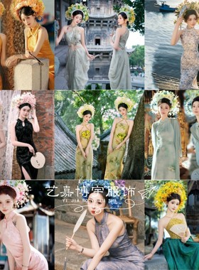 影楼新中式簪花主题写真旗袍女民国风复古旅拍礼服个人艺术照服装
