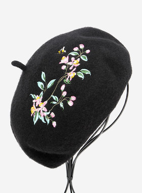 黑色贝雷帽汉朝古风花卉绣花羊毛蓓蕾帽气质女士刺绣帽子秋冬天帽