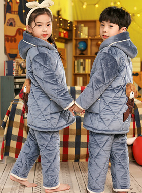 男童冬季儿童法兰绒睡衣女童三层夹棉加厚长版款水晶绒家居服套装