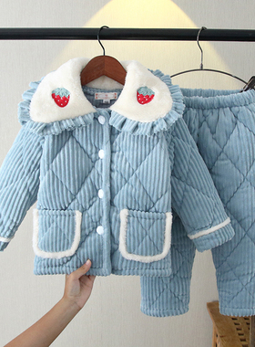 冬季新款儿童睡衣三层加厚夹棉条纹法兰绒女童孩子宝宝保暖家居服