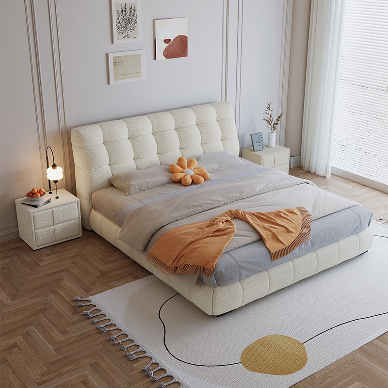 现代简约奶油风布艺床卧室1.8米双人床泰迪绒主卧大床少女储物床