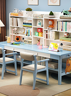 儿童学习书桌家用书柜书架一体组合学生双人写字桌卧室实木电脑桌