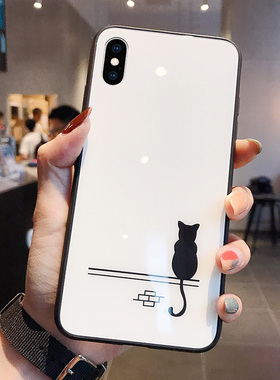 可爱黑猫咪苹果X手机壳iphone xs max玻璃适用8p个性创意7plus全包边防摔6splus情侣XR网红x卡通简约5s保护套
