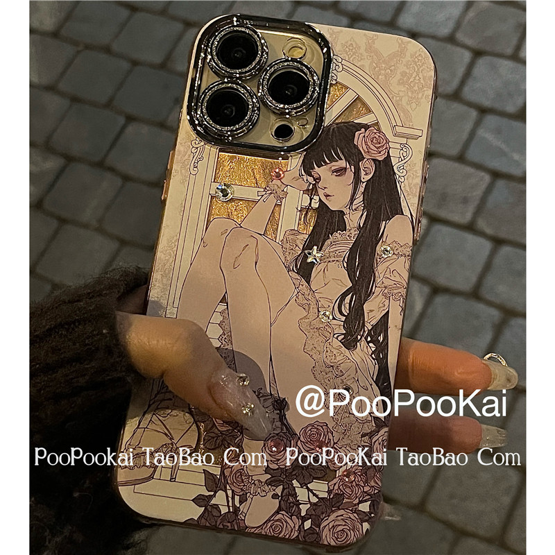 PooPooKai韩风氛围感少女适用苹果15iphone14手机壳13promax小众保护套12防摔11ins个性情侣全包闪钻摄像头