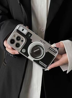 日韩ins个性小众设计师摄影师复古照相机单反适用iPhone15promax斜挎带苹果15气囊支架镜头情侣12手机壳13潮