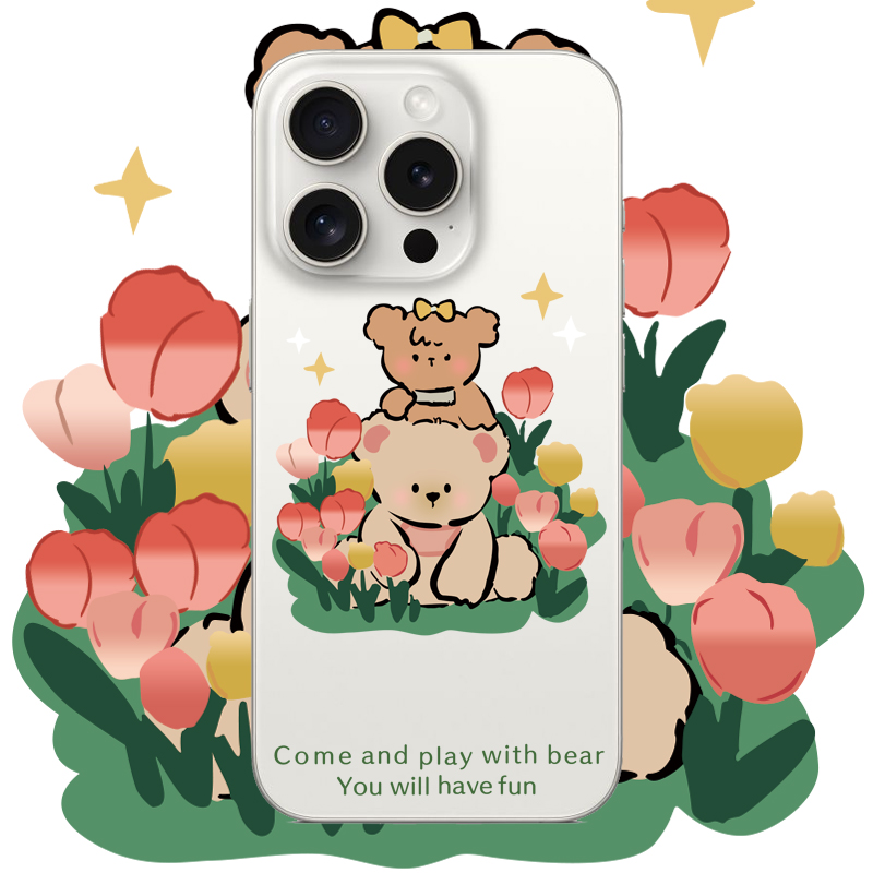 可爱花卉小熊适用iPhone15PROMAX卡通动漫14PLUS简约11个性13透明苹果情侣手机壳华为荣耀小米14VIVO三星OPPO