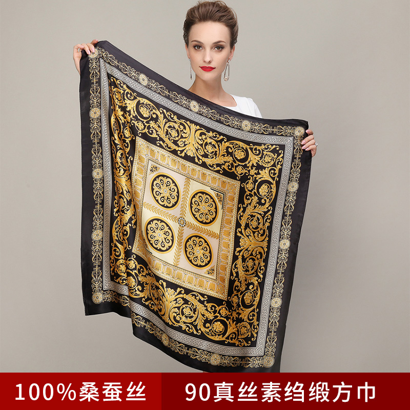 90厘米女士真丝大方巾 100%桑蚕丝素绉缎方形丝巾围巾 黑金色