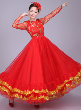 新款开场舞大摆裙演出服女大气红歌舞蹈服装大合唱伴舞长裙表演服